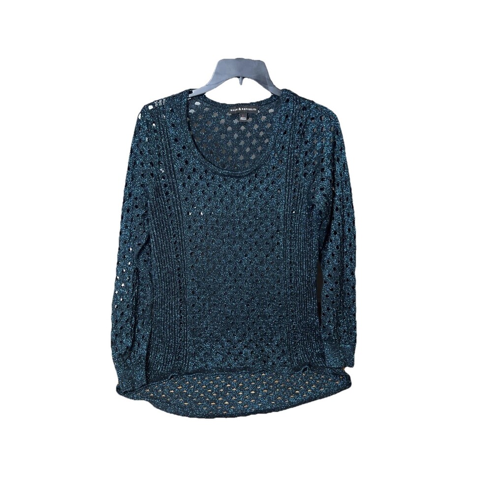 Rock & Republic Women’s Large Glitter Blue Sparkle Tunic Mesh Knit Blouse Top